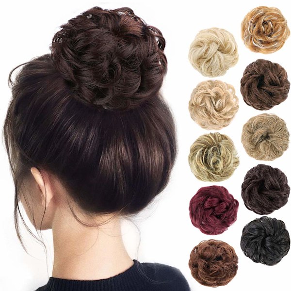 1 st Messy Hair Bun Hårscrunchies Förlängning Lockig Vågigt Messy Syntetisk Chignon för Kvinnor Updo Hairpiece Dark Auburn Mixed#