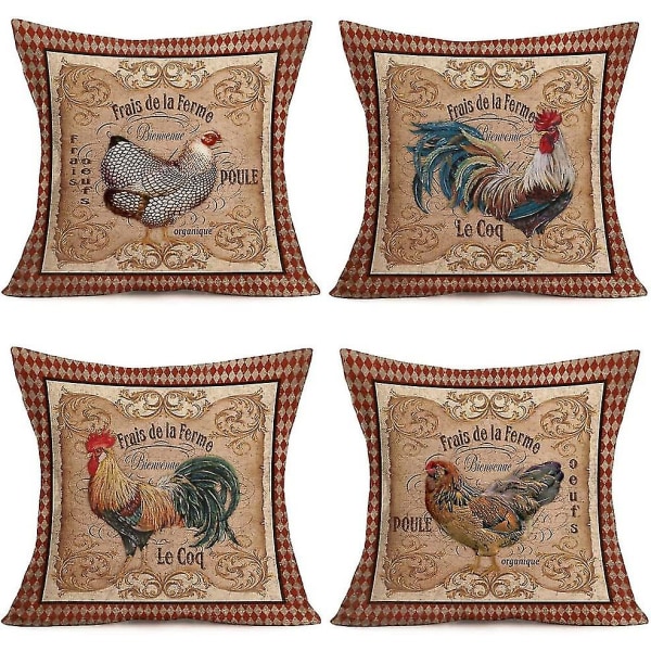Vintage Farm Rooster Hen Throw Pillow Pillowcase 4 Piece Cotton Linen