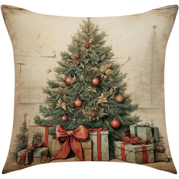 4 stk. Merry Christmas Pudebetræk Julegaver Juletræ Firkantede Pudebetræk Linned Lynlås Pudebetræk (45x45 cm)