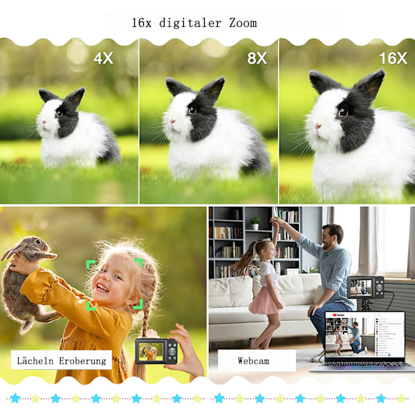 Digitalkamera 1080p FHD-kamera Autofokuskamera 44MP kompaktkamera 2,4 tums LCD-skärm 16x digital zoom Uppladdningsbar minivideokamera för