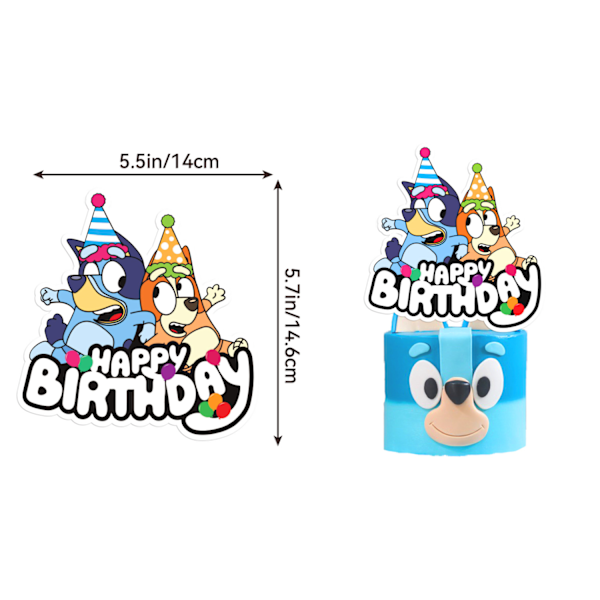Bluey syntymäpäiväjuhlan lippukyltit, kakkukoristeet, ilmapallot, syntymäpäiväkoristeet