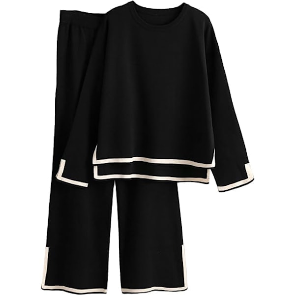 Damesportstøj, sweatre, oversized casual lange ærmer, pullovere, højtaljede vidde bukser, casual jakkesæt Sort S