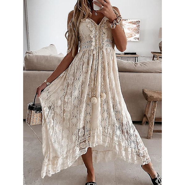 Sommer Boho Lange Kjoler Kvinder Blonde V-hals Spaghetti Rem Kjole Dame Off Shoulder Strandkjole Hvid Kjole Vestidos De Mujer DHLYQ19 Hvid DHLYQ19 White M