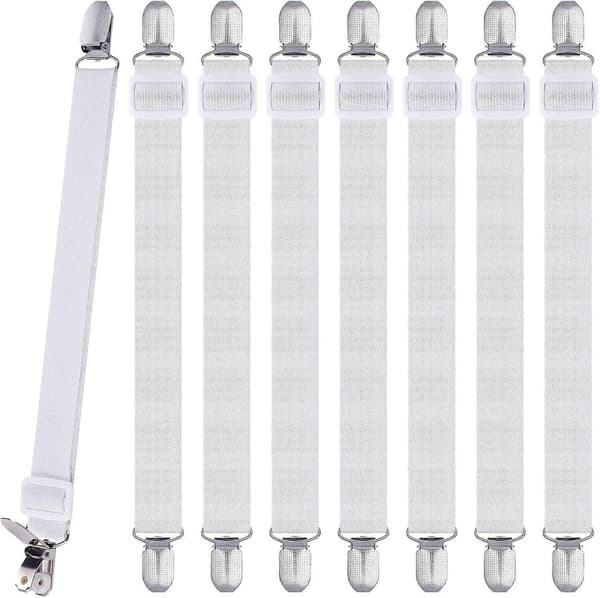 8 Pcs Sheet Clips, Adjustable Sheet Holders, High Elastic Fitted Sheet Straps with Clips, Sheet Fasteners Max Stretch 120cm-FY- White