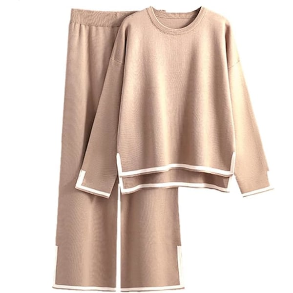 Women's sportswear, sweaters, oversized casual long sleeves, pullovers, high-waisted wide-leg pants, casual suits Khaki S