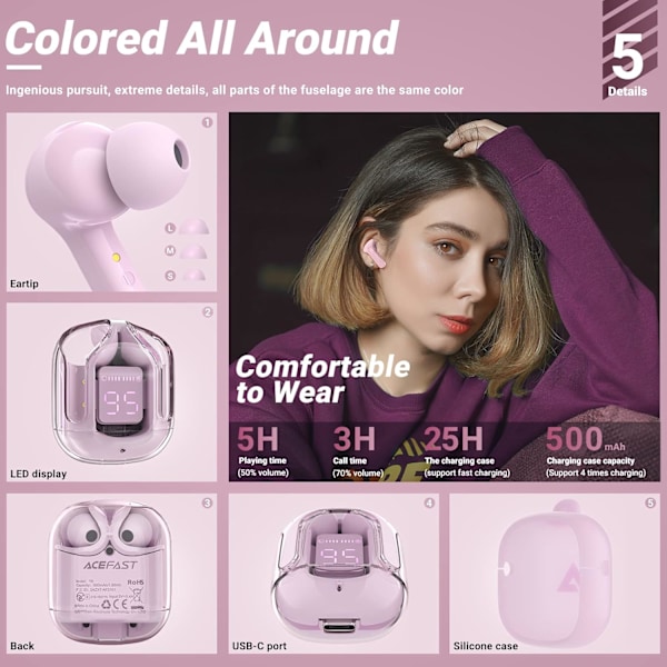 Trådløse hodetelefoner, Bluetooth-ørepropper ENC støydemping Transparent In-Ear hodetelefoner, Fiolett