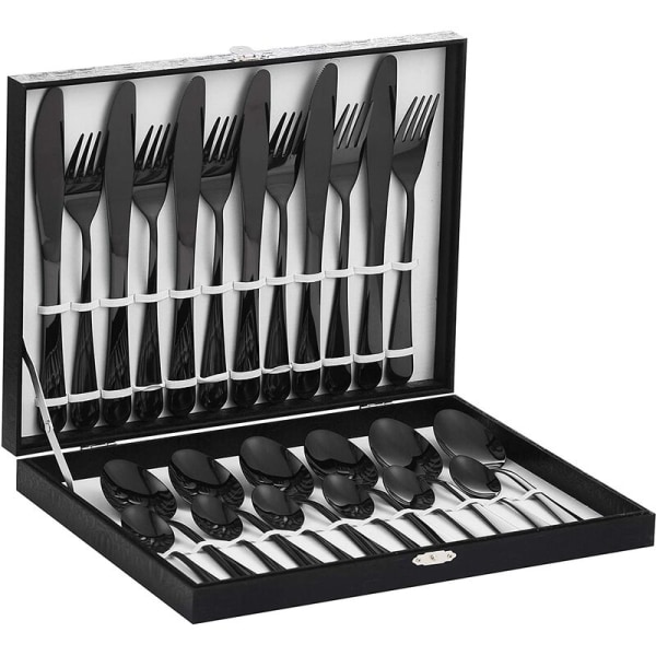 24 delar set rostfritt stål set för 6 personer kökskniv och set med presentask för hem, kök, restaurang - svart