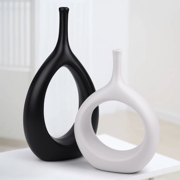 2PCS Black and White Vases,Modern Decorative Vase for Pampas Grass,Ceramic Donut Vases Vintage Decoration