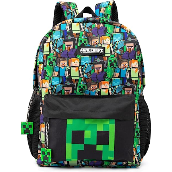 Minecraft Rygsæk til Drenge | Sort Skolerygsæk til Børn | Grøn Creeper Zombie Skelet Enderman & Huleedderkop '-PO- -KK
