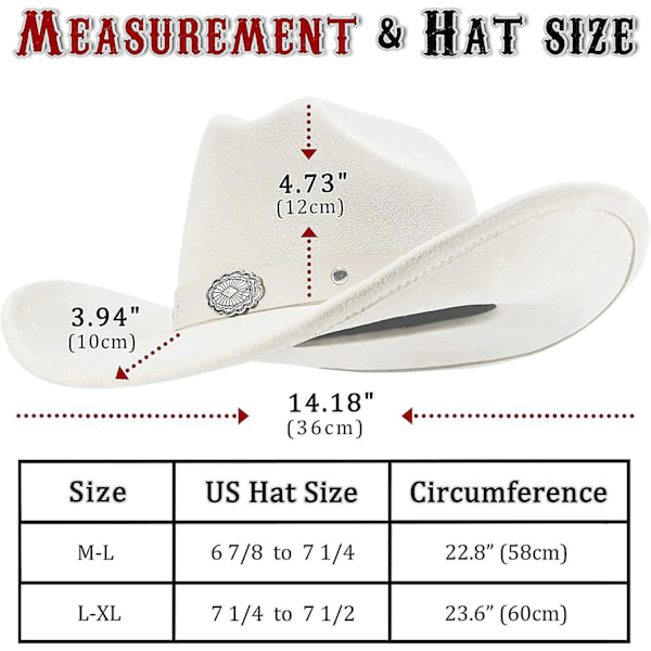 Cowboyhatt för Kvinnor och Män med Formbar Bred Brim - Filt Cattleman Western Hattar Elfenbensvit Ivory White L XL