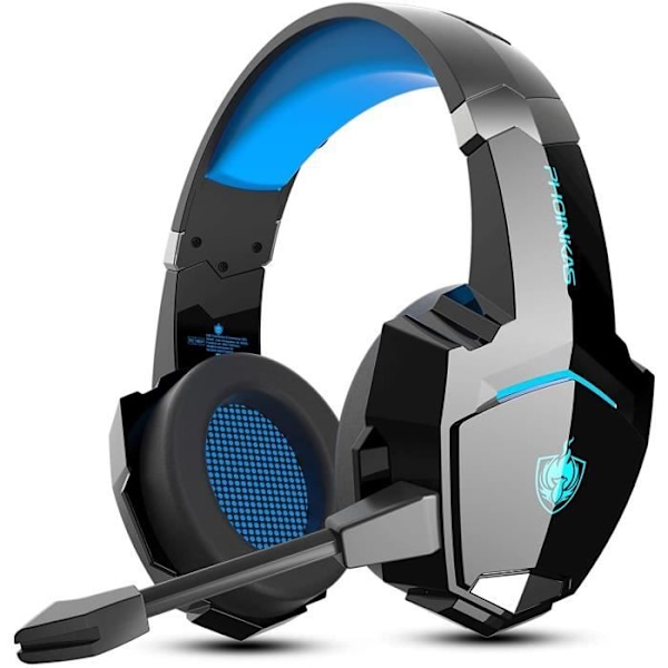 PS4-headset med ledning, kablet spillheadset med støyreduserende mikrofon, trådløst LED-headset med Bluetooth (blått)