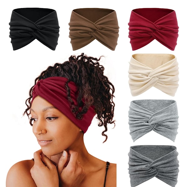 6-pak Breda Boho-Hodebånd for Kvinner Ekstra Store Turban Hodebånd Hårbånd Hårvridde Knuter Tilbehør for Hverdag, Trening, Sminke, Spa, Yoga