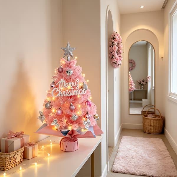 Kunstigt Mini Juletræ med LED-lys og Topstjerne til Skrivebords Julepynt Pink Tree + LED