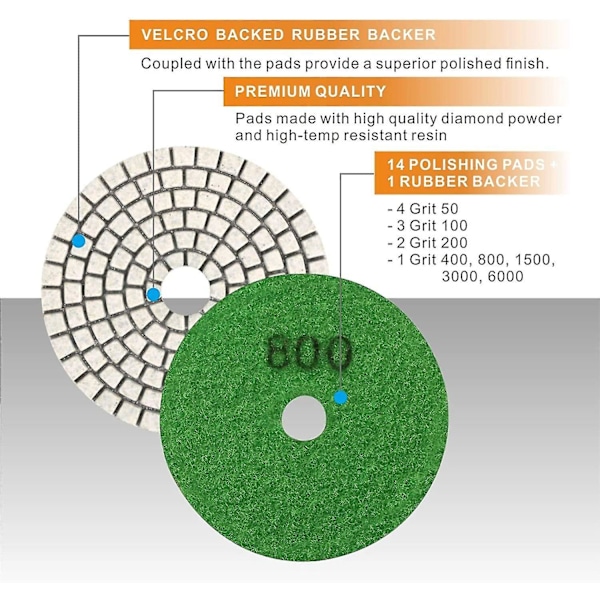 Diamantslibepuder, 15 stk. 4 tommer (100 mm diamantslibepuder, betonslibepuder, granitmarmorslibepuder med puder, 50#-6000# til polering