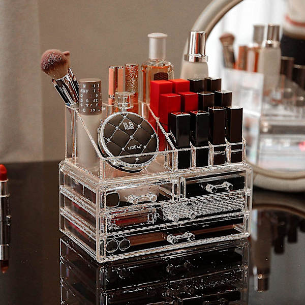 Akryl gennemsigtig makeup-arrangør og opbevaring stabelbar hudpleje kosmetisk display-etui med 4 skuffer Makeup-stativer kompatibel med smykker hårtilbehør