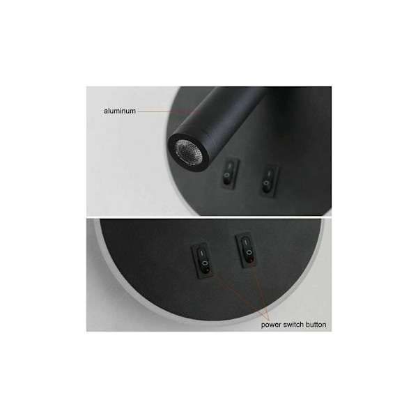 Senglampe - Senglamper LED Vegglampe hotell innendørs lamper vegg seng Korridor vegglampe med bryter Svart 9W 3000K varmt lys (Rund)