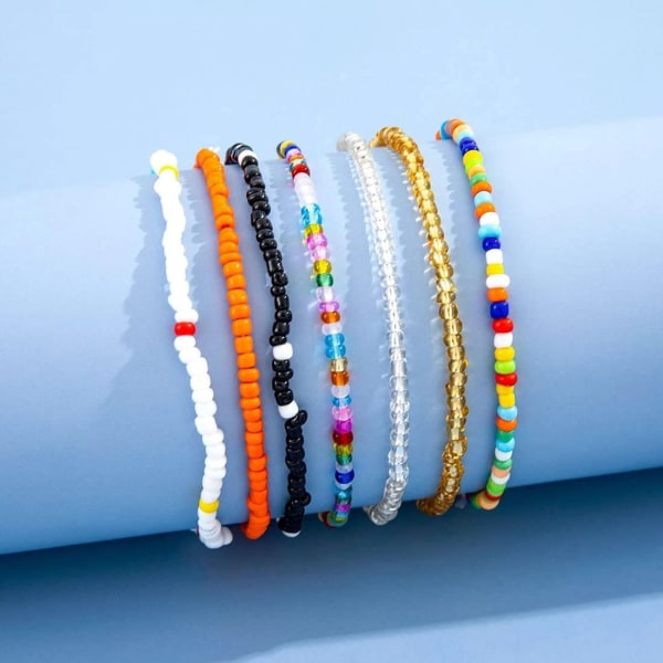 7 st Bohemiska stil elastiska fotlänkar med blandade färgade pärlor för kvinnor och flickor