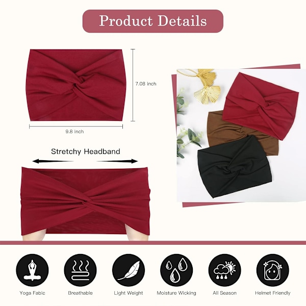 6-pack breda boho-pannband för kvinnor extra stora turbanpannband hårband hårvridna knutar accessoarer för vardagskläder, träning, smink, spa, yoga
