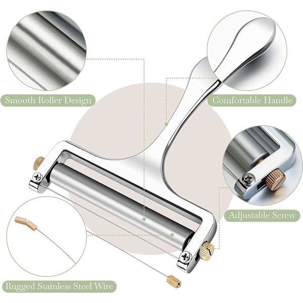 Ruoksiton teräksinen juustoleikkuri - Kätevä juustoleikkuri cheddarille, gruyerelle, raclettelle, mozzarellajuustolohkoille, juustokierteille (hopea)