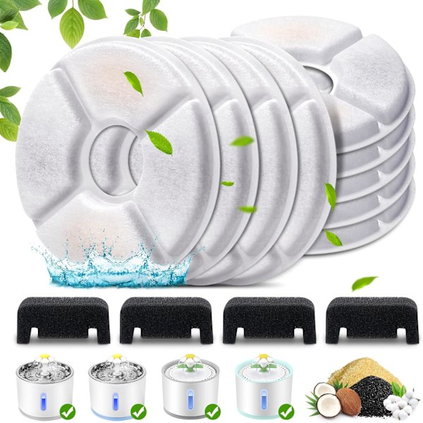 Kattfontän ersättningsfilter, 8-pack kattvattenfontänfilter & 4-pack förfilter svampar för 81oz/2,4L husdjursfontän, trippelfiltreringssystem Ac Round-8+4P