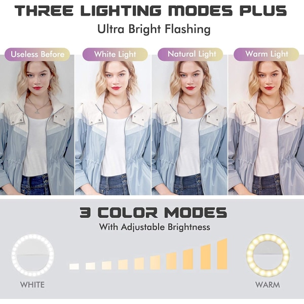 Selfie Ring Light 2-pack 3 ljuslägen Uppladdningsbar Clip-on Telefon med 36 LED-lampor Vit Blå