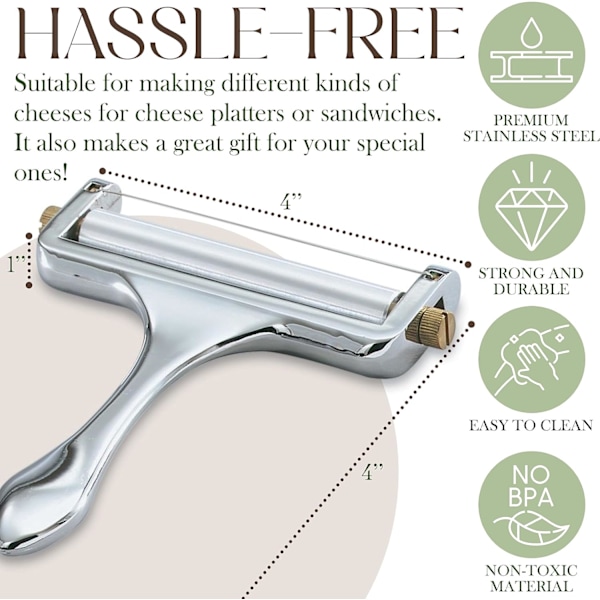 Ruoksiton teräksinen juustoleikkuri - Kätevä juustoleikkuri cheddarille, gruyerelle, raclettelle, mozzarellajuustolohkoille, juustokierteille (hopea)