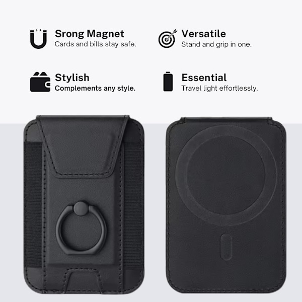 Magnetisk lommebok med justerbart ringstativ, kortholder og stativ