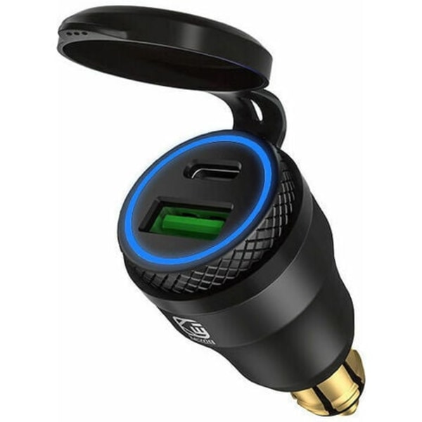 Motorcykel USB cigarettändaradapter - Dubbel USB uttag - 12V PD 3.0 och QC 3.0 - För BMW Motorcykel, (Ljusblått svart skal)
