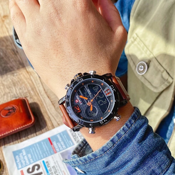 2021 NAVIFORCE Toppmerke Sportsklokker Herre Lær Vanntett Mann Quartz Digital Dobbel Klokke Mann Klokke Relogio Masculino BRB