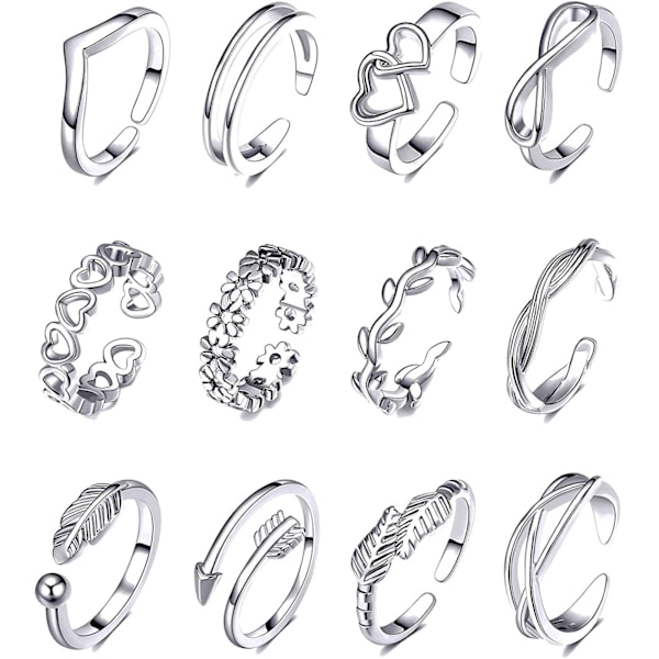 12 stk Blomstpilringer Mote Alloy Fjær Smykker Fot Ring for Kvinner Tenåringsjenter Kjæreste