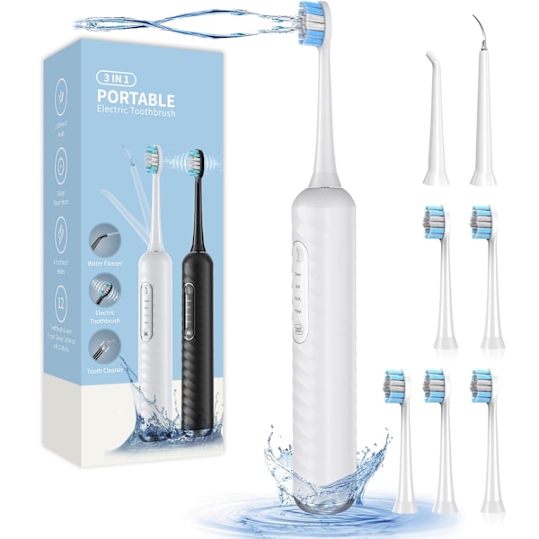 Elektrisk Tandborste med Vattenfloss, 3-i-1 Tandvårdskit med 7 Lägen, Elektrisk Tandborste och Vattenfloss Combo för Vuxna, Bärbar Vattenfloss Vit white