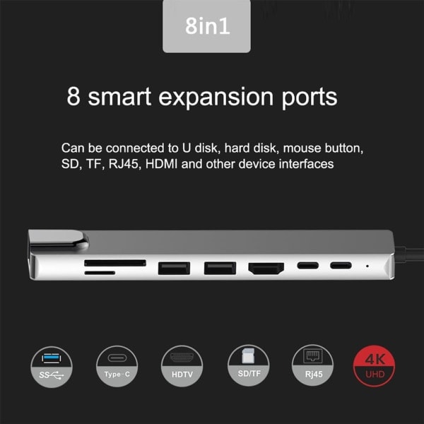 8-in-1 Type-C Hub USB 3.0 USB-C HDMI LAN RJ45 SD TF Adapter Macbook-kannettavalle