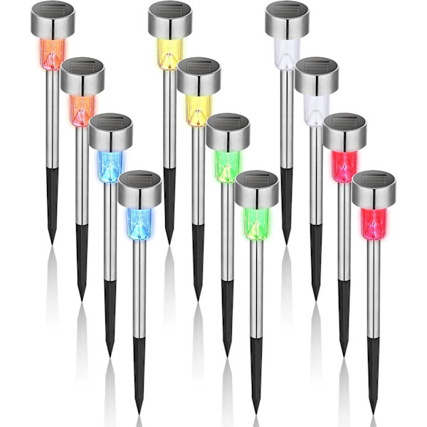 12-pak 4-farvede solcellelamper til have/stibelysning, rustfrit stål LED-stibelysning til gårdhave, have