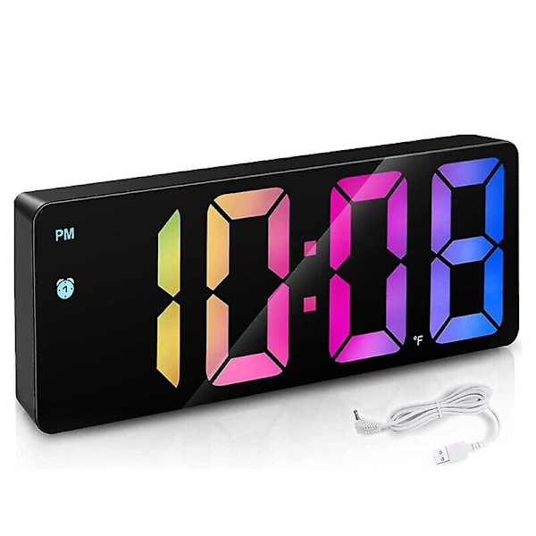 Digital RGB LED-väckarklocka Snooze Display Temperatur Tid Skrivbord USB Spegel Fg