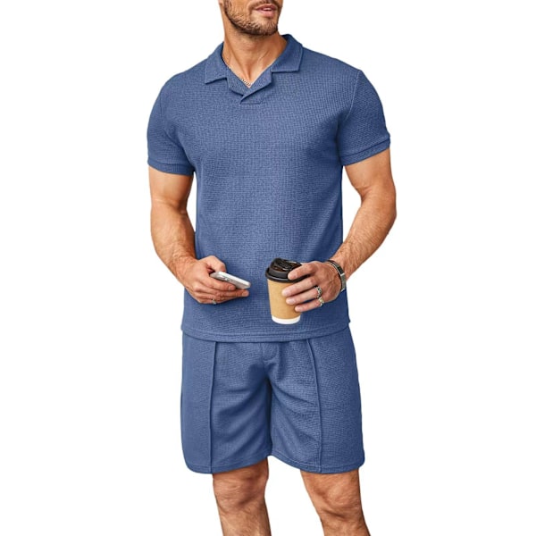 Miesten vohvelineulospoolopaita ja shortsit, 2-osainen asusetti kesäpuku Navy‘-PO- Navy XL