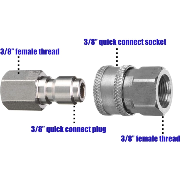 Trykkvaskadaptersett, 3/8 tommers hurtigkoblingssett, hunnfitting, rustfritt stål, 5000 PSI