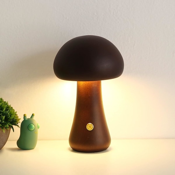 Sopplampa for soverom, bærbar dimbar sengelampe med USB-lading, trådløs nattlampe, soppbord (stor, valnøtt A)