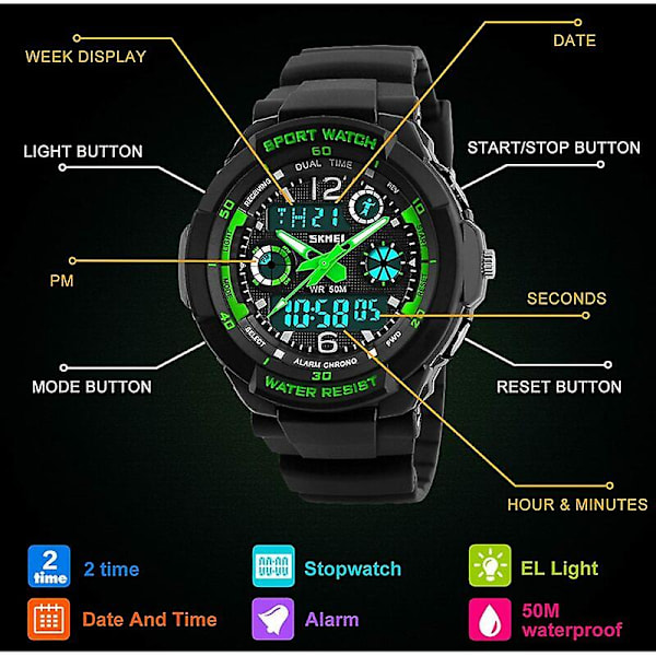 Digitala klockor för barn pojkar - 50 m vattentät utomhus sport analog klocka med alarm/timer/dubbel tidszon/LED-ljus