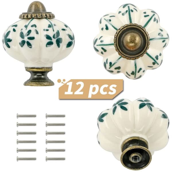 12-pack Ivory & Green Ceramic Knobs - Retro Pumpkin Drawer Pulls for Cabinets & Dressers-FY-