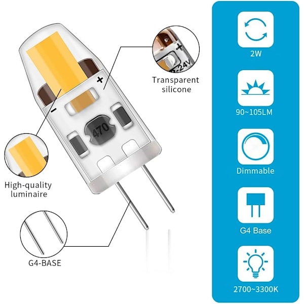 10 stk LED G4 dæmpbare pærer, 2W, varm hvid, AC/DC 12-24V - Perfet