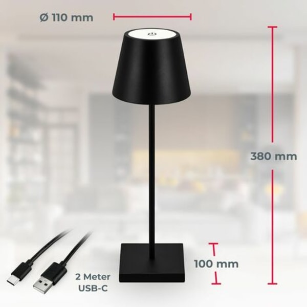 Uppladdningsbar bordslampa dimbar trådlös inomhus utomhus IP54 touchfunktion USB-C 2m svart