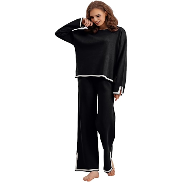 Damesportstøj, sweatre, oversized casual lange ærmer, pullovere, højtaljede vidde bukser, casual jakkesæt Sort S