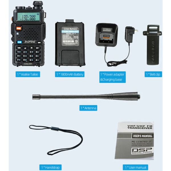 BAOFENG UV-5R Radiopuhelin FM Lähetin/Vastaanotin Kaksisuuntainen Radio Kaksoisnäyttö 400-520mHZ 5W Kaksikanavainen Radioamatöörilähetin Ladattava Kannettava Radio
