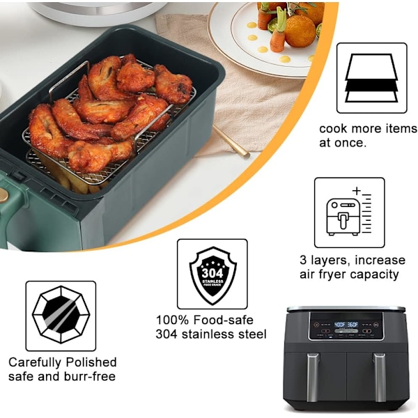 Airfryer-ställ för Ninja Dual, tre lager rostfritt stål, Airfryer AF300UK AF400UK tillbehör, för dubbel lådfritös