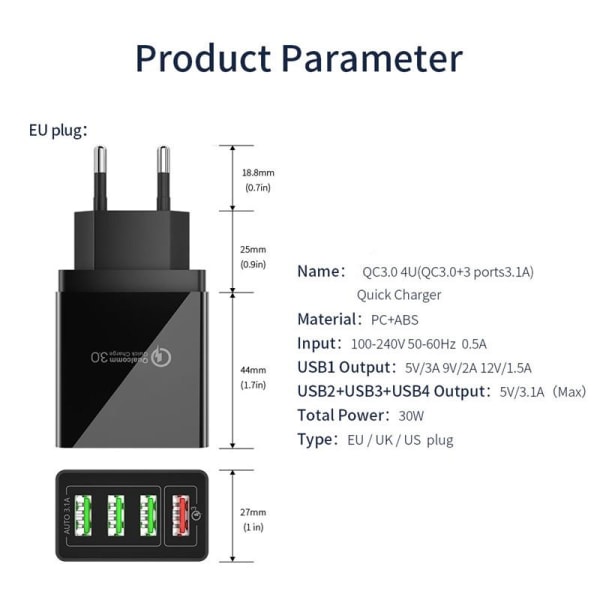 4-portars snabbladdare 4,8A väggladdare QC3.0 Svart Black Svart