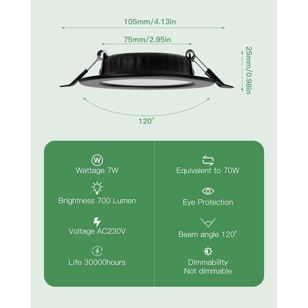 Ultratynne LED-innfelte spotlights 230V, Sett med 6 innfelte spotlights 7W Energibesparende takspotlights IP44 innfelte spotlights, Svart, 6000K