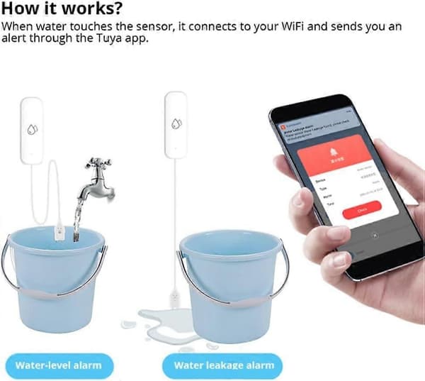 2-pack Tuya Smart vattenläckagesensor med WiFi-appvarningar och kontroll-FY-