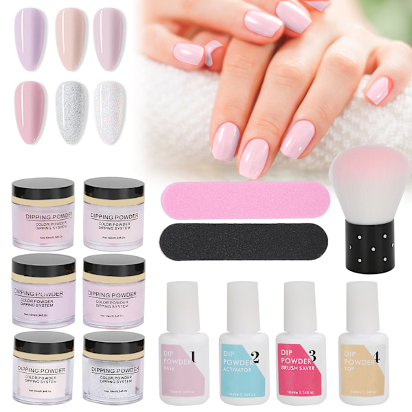Set för nageldoppningspulver, 6 färger, topplack, baslack, gel, dammborste, manikyrverktyg, K1214