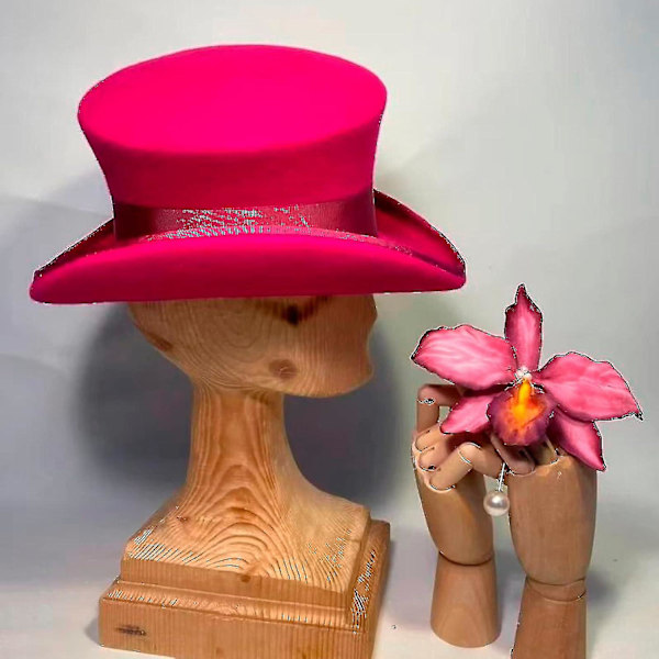 Asymmetrisk uld tophat - unisex hat til kvinder og mænd - steampunk hat - tophat - modebånd - dekorativ hat - hovedbeklædning til mænd Hot Pink