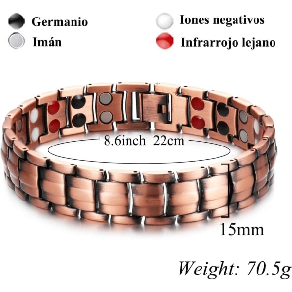 Kobberarmbånd Justerbar Ren Kobber med 4 Element Magneter Dobbelt Række 3000 Gauss Magneter til Mænd (Kobber)